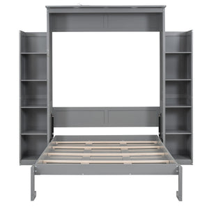 English Elm Full Size Murphy Wall Bed with Led Lighting Side Storage Cabinets and Slatted Support Gray LP000694AAE-1
