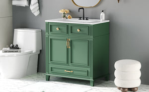 English Elm 30'' Bathroom Vanity with Sink - Retro Solid Wood Frame, Ceramic Basin, Soft-Close Doors & Ample Storage Green N710P190656F