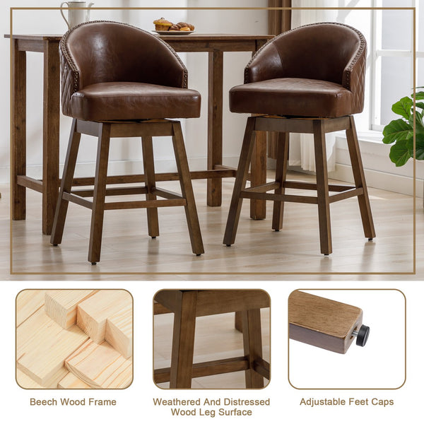 English Elm United We Win Quilted Microsuede Swivel Barstool with Wood Legs and Gold Rivet Trim Brown W1568P361704