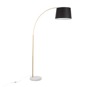 English Elm March Contemporary Floor Lamp - Antique Brass Arc & White Marble Base With Black Linen Shade Design B202S01370