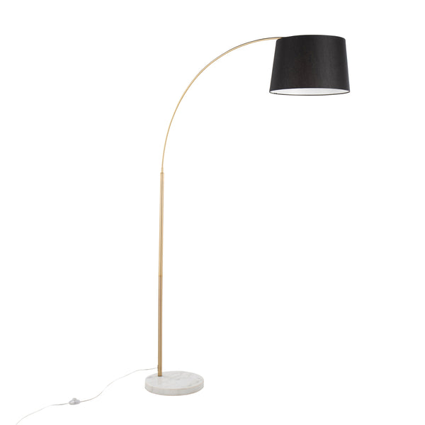 English Elm March Contemporary Floor Lamp - Antique Brass Arc & White Marble Base With Black Linen Shade Design B202S01370