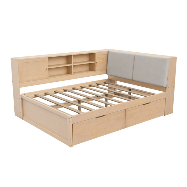 English Elm Wooden Full Size Corner Daybed Pine Frame Bookcase Storage Drawers Usb Charging BS701P337654N