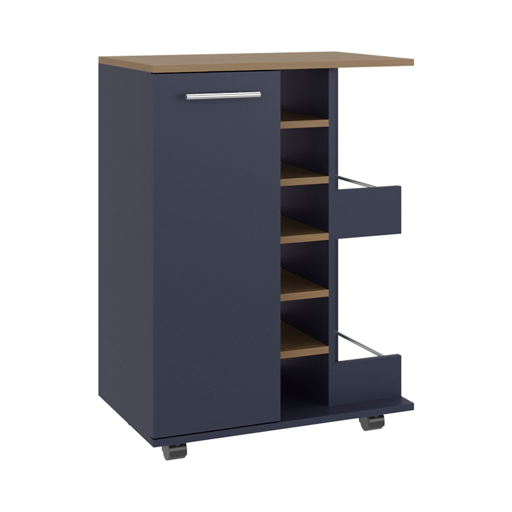 English Elm Bar Cart Navy Blue with Natural Oak Accents, Locking Casters, Six Wine Cubbies, Enclosed Cabinet, Spacious Shelving - Stylish Mobile Bar for Home Entertaining B200P378367