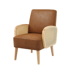 English Elm Faux Leather Accent Chair with Woven Rattan Arms and Tall Wooden Legs for Living Room B2748P493704