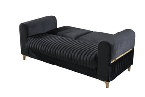 English Elm Melody Velvet Upholstered Sleeper Loveseat with Gold Accents, Vertical Tufting & Convertible Comfort Black B009S01834