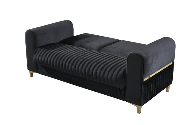 English Elm Melody Velvet Upholstered Sleeper Loveseat with Gold Accents, Vertical Tufting & Convertible Comfort Black B009S01834