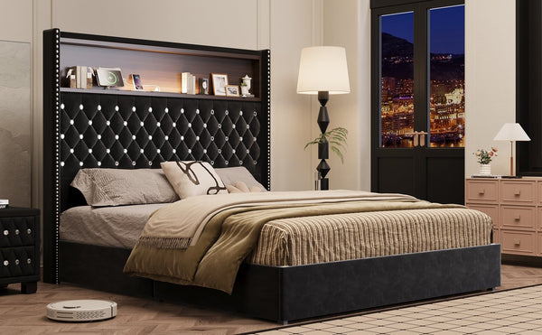 English Elm Queen Velvet Tufted Wingback Platform Bed Tall Headboard with Usb Charging Shelf Black N733P367135B