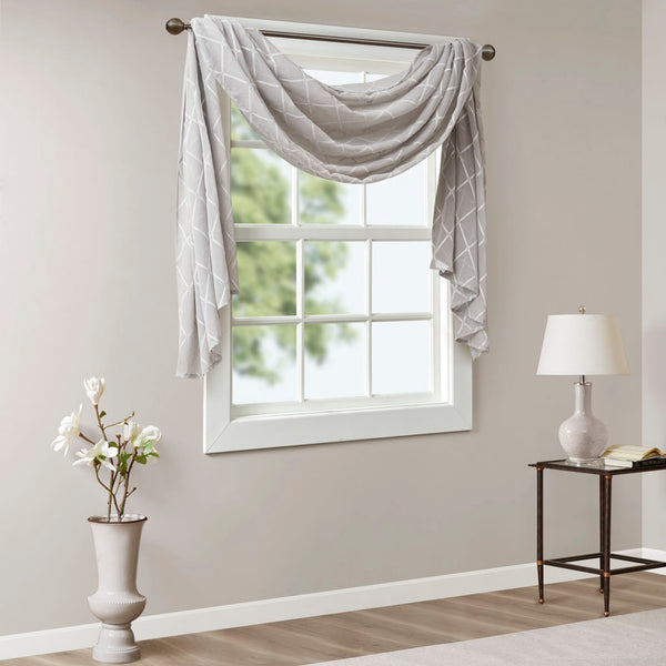 JLA Home Madison Park - Diamond Sheer Embroidered Window Scarf Delicate Diamond Motif Sheer Valance Softly Diffuses Light Grey MP40-4942