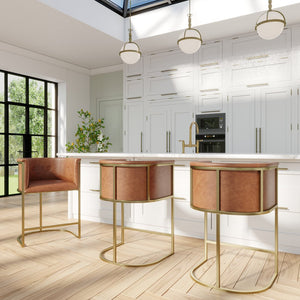 English Elm 26" Counter Stool Tufted Faux Leather Seat with Brass Metal Base for Kitchen Islands Brown Pu B2751P436482