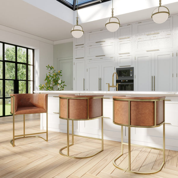 English Elm 26" Counter Stool Tufted Faux Leather Seat with Brass Metal Base for Kitchen Islands Brown Pu B2751P436482