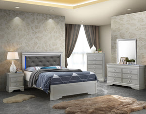 English Elm Lorana Twin Bed with Jeweled Tufted Headboard and LED Accents, Metallic Finish, Durable Wood Veneer Silver 85 L x 4 W x 8 H B078S00589