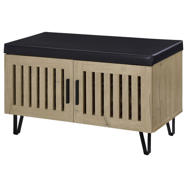 English Elm Astor Smoked Finish Entryway Bench with Drawer Open Shelving and Faux Leather Seat White Oak B062P440403