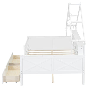 English Elm Wood Full Size Gaming Loft Bed with Integrated Desk, Shelves, LED Lighting & Hanging Clothes Rack White N7090001044K