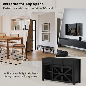 English Elm U_style Industrial Sideboard with Sliding Barn Doors Iron Mesh Panels and Three Drawers Black N711P347384B