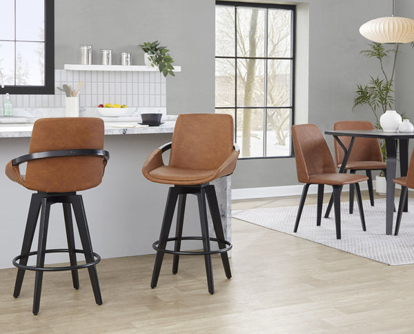 English Elm Fixed-height Swivel Counter Stools with Faux Leather Seats and Chrome Footrest Set of 2 B202S02150