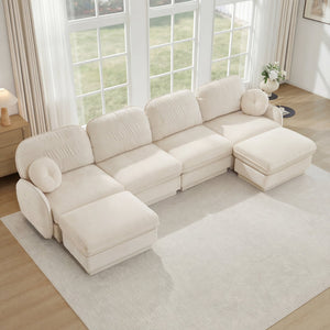English Elm 137" Oversized Chenille Sectional Sofa with Movable Ottoman and Quilted Cushions W714S01755