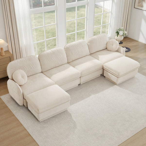 English Elm 137" Oversized Chenille Sectional Sofa with Movable Ottoman and Quilted Cushions W714S01755
