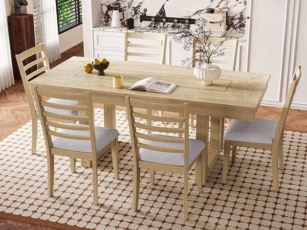 English Elm 7 Extendable Dining Table Set with 18" Leaf and 6 Upholstered Chairs — Rustic Farmhouse 60–78" Wood Veneer Table Natural N752S000090N