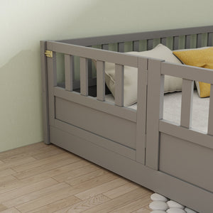 English Elm Full Montessori Floor Bed Frame With High-Security Barrier & Clockwise Door - Cozy Gray Design W1858P164944