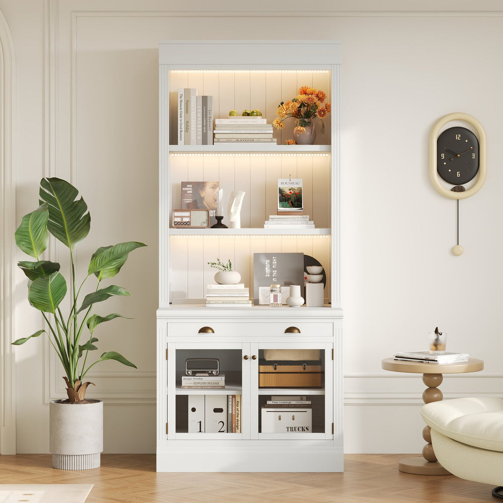 English Elm 83.4"tall Bookcase with Led Shelves Sliding Doors Open Storage Modern White N751S379857K