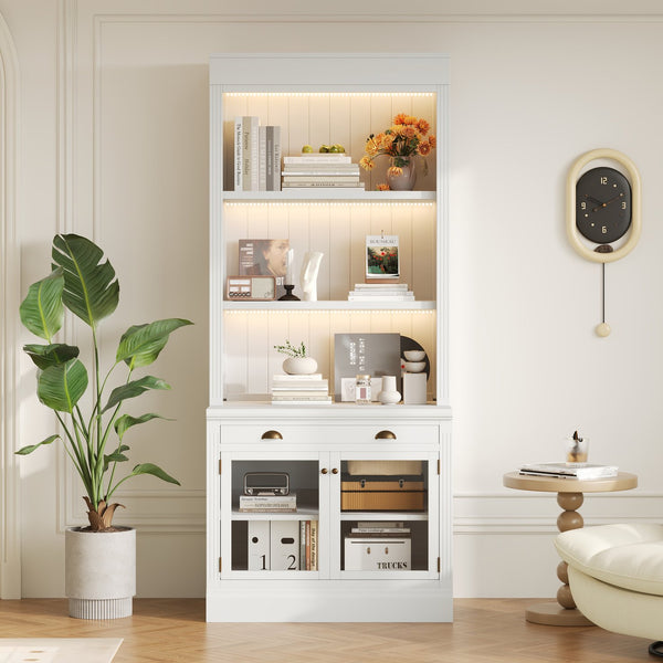 English Elm 83.4"tall Bookcase with Led Shelves Sliding Doors Open Storage Modern White N751S379857K