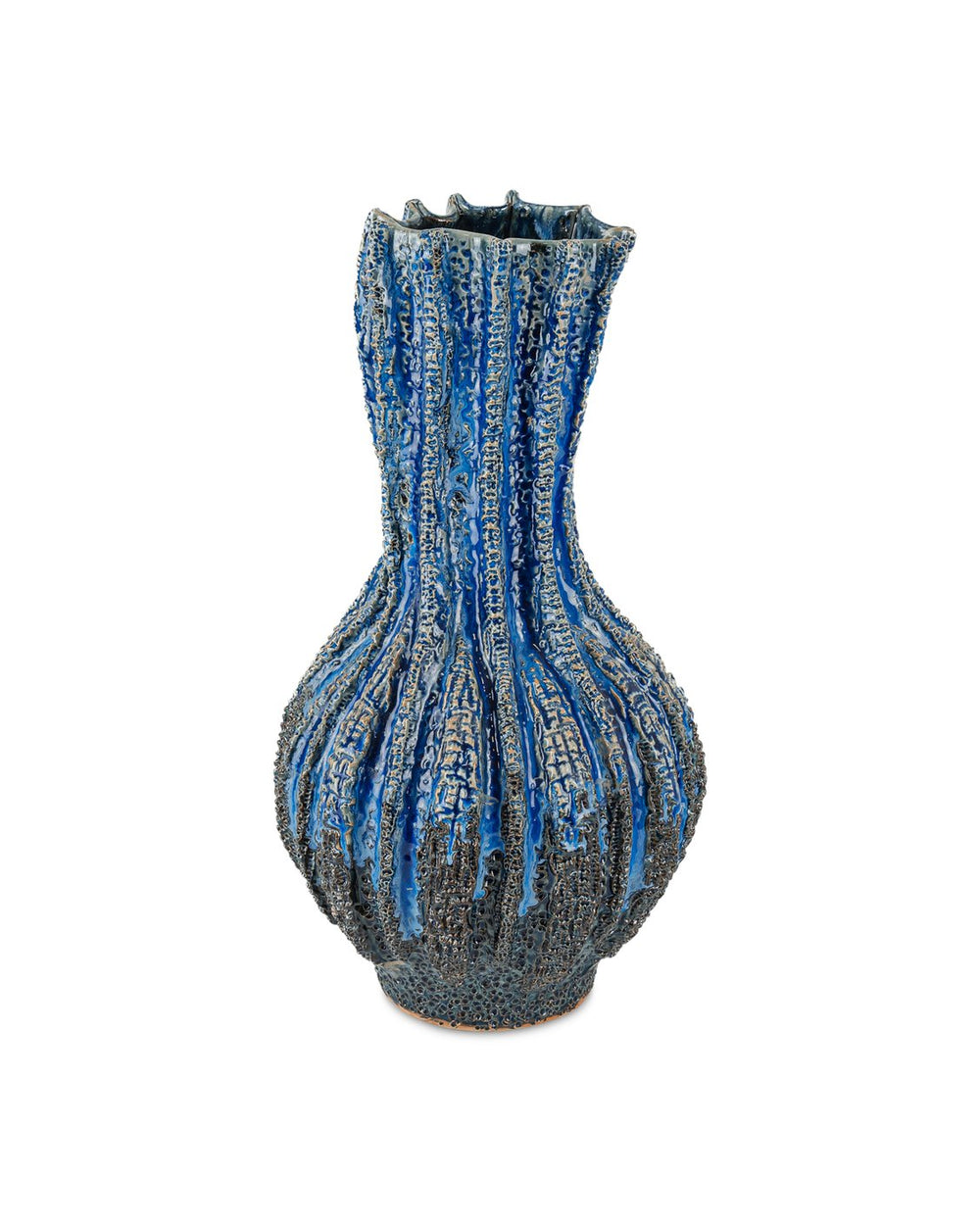 Currey & Company Folios Vase - Handcrafted Dark Clay Ceramic With Unique Blue Reactive Glaze & Textured Design Blue Ceramic 1200-1048-currey-company