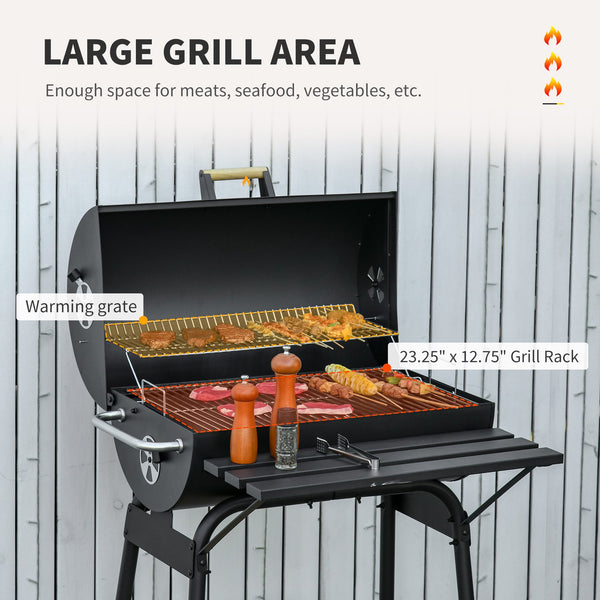 English Elm Outsunny Barrel Charcoal Smoker Grill with Offset Firebox Wheels and Storage Shelves W2225P174308