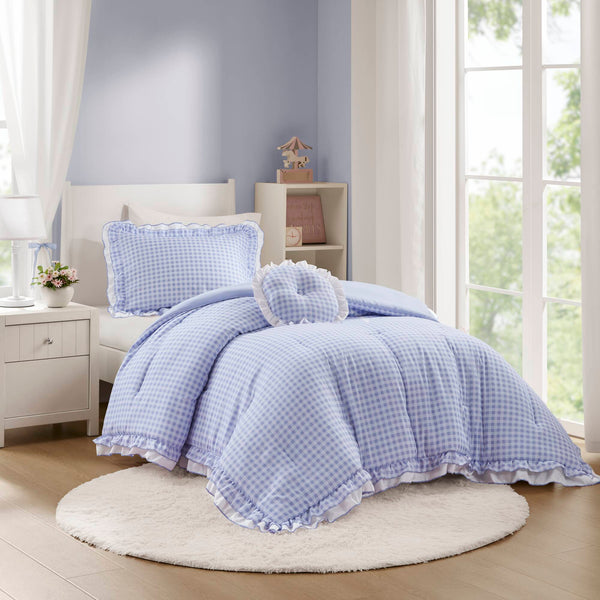 English Elm 3-piece Cottage Gingham Comforter Set with Ruffle Trim and Round Throw Pillow Blue B035P463185