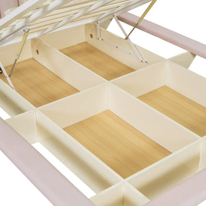 English Elm Queen Upholstered Floating Bed with LED Lighting, Hydraulic Lift, 4 Storage Drawers, Velvet Luxury Pink SF000132AAH