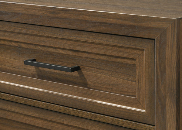 English Elm 1pc Contemporary Wooden Four Drawer Chest with Geometric Relief and Warm Brown Finish B2741P498437