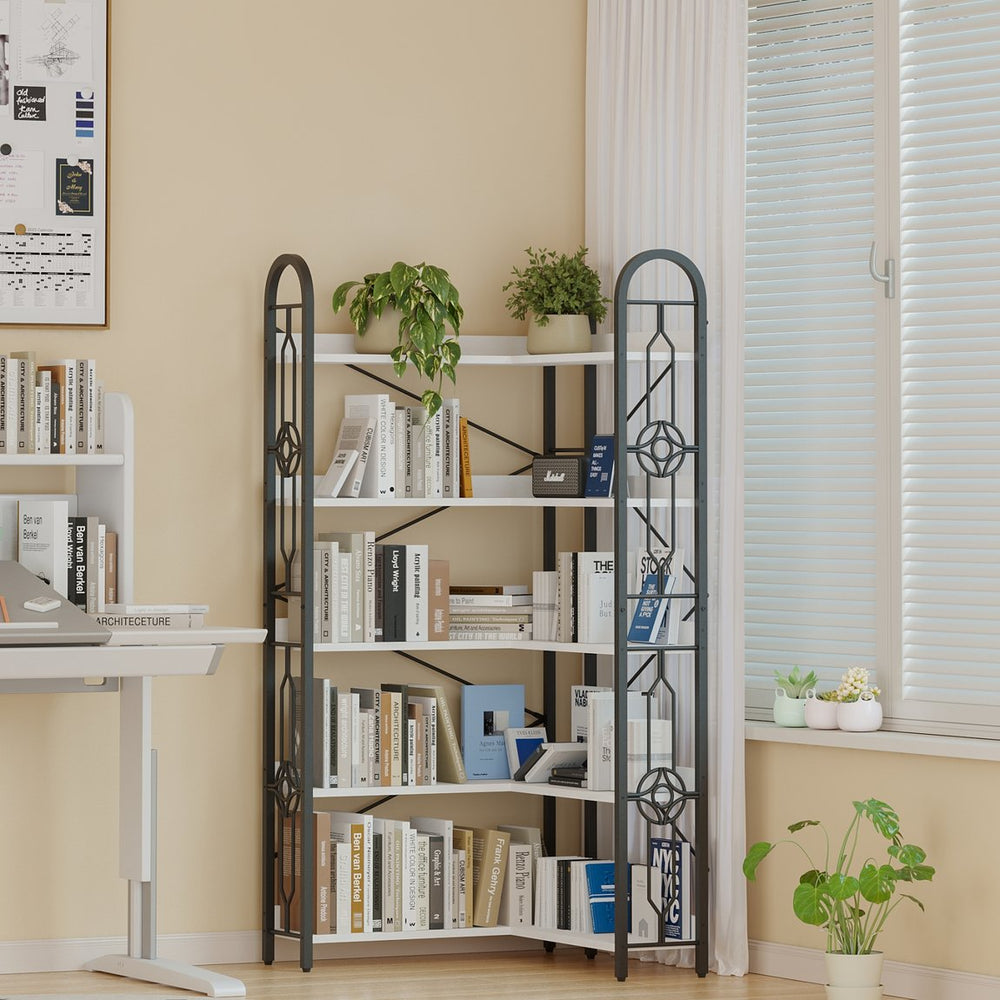 English Elm 5 Tier Corner Bookshelf - Modern 5-Shelf Open Bookcase, Anti-Tilt Steel Frame, Adjustable Feet, Versatile Storage Rack for Living Room Bedroom Office W3062P289212
