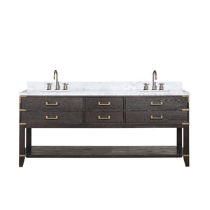 English Elm Brown Oak 80" Double Bath Vanity with Polished Carrara Marble Top, Soft-Close Drawers & Chrome Faucet Set B2731P260333