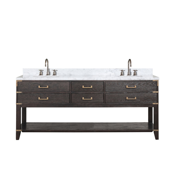 English Elm Brown Oak 80" Double Bath Vanity with Polished Carrara Marble Top, Soft-Close Drawers & Chrome Faucet Set B2731P260333