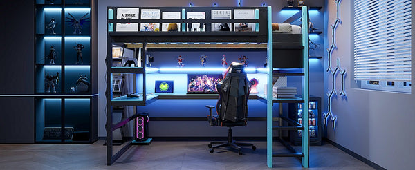 English Elm Full Size Gaming Loft Bed with Rgb Lights Wraparound Shelves and Built-in Usb Ports Blue LT000299AAC