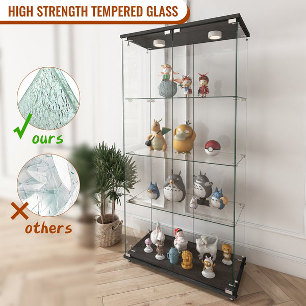 English Elm Modern Tempered Glass Display Cabinet With Led Lights - 2-Door, 4-Shelf Antique Style For Home & Retail W241S00055