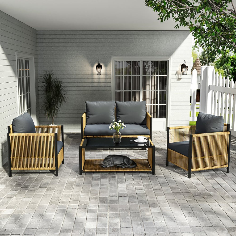 English Elm New Elegant 4-Piece Patio Sofa Set With Grey Cushions, Durable Pe Wicker, Tempered Glass Table W400S00047