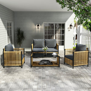 English Elm New Elegant 4-Piece Patio Sofa Set With Grey Cushions, Durable Pe Wicker, Tempered Glass Table W400S00047