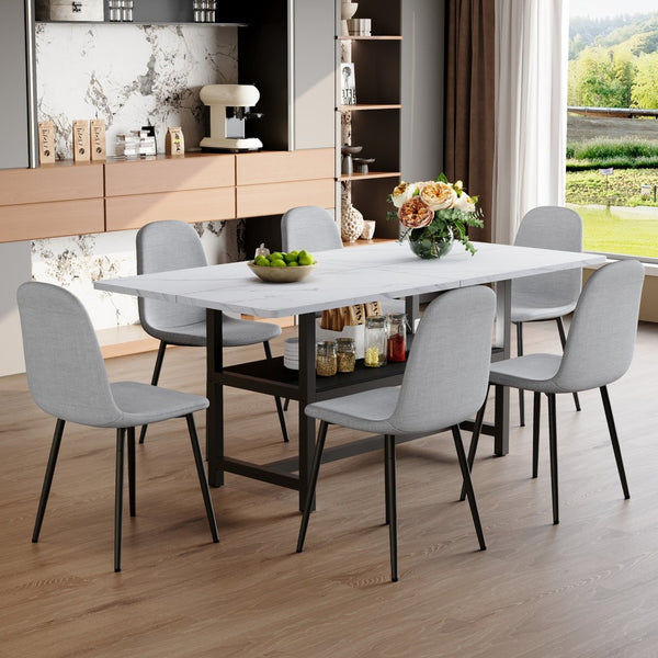 English Elm Table Set With 6 Light Gray Chairs - Modern White Grain Dining Table With Storage & Durable Comfort W1151S04261-GIGA