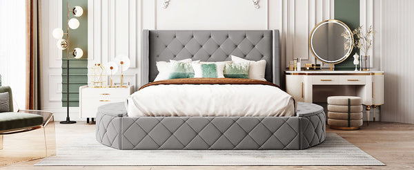 English Elm Upholstered Queen Platform Bed Velvet Wingback Frame with Storage Drawer and Side Stools Gray LP200815AAE