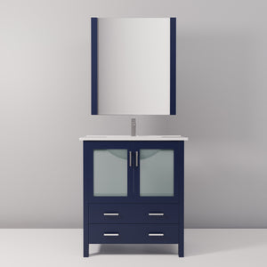 English Elm Navy Blue Bath Vanity With White Ceramic Top, Chrome Faucet & 28 In. Mirror - Stylish & Functional! B2731S01287
