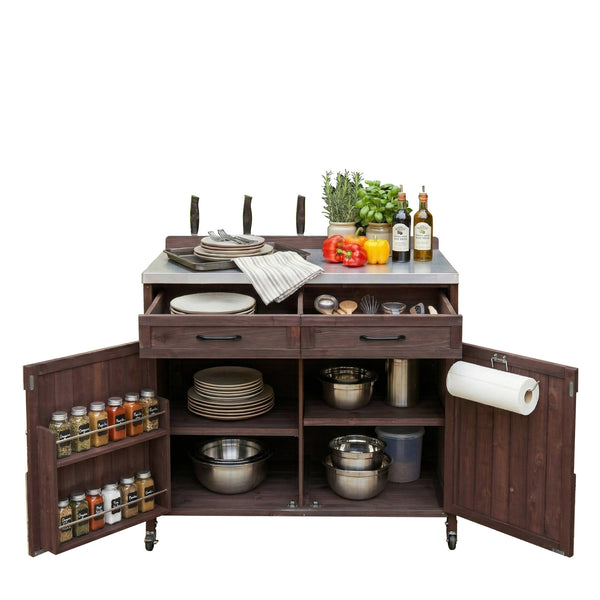 English Elm K&k Outdoor Prep Station Stainless Steel Top Fir Wood Cabinet with Drawer and Wheels Dark Brown N707P370273Z