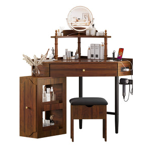 English Elm Corner Vanity Desk Set with Stool Charging Station Glass Top Pull-Out Cabinet Jewelry Organizer Walnut 35.82 L x 32 W x 8 H N733P336237D