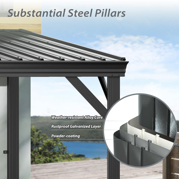 English Elm 10'x16' Wall Mounted Hardtop Gazebo Galvanized Steel Roof Patio Lean to Canopy Grey W1859S00221