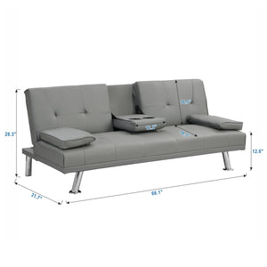 English Elm Sofa Multifunctional Grey Futon PVC with Wood Frame, Stainless Legs, Armrests & 600LB Capacity W2297P247516