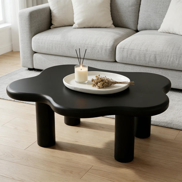 English Elm 40-inch Cloud Shaped Coffee Table Sculptural Mdf Top with Tapered Legs for Living Rooms Black W3935S00004