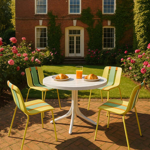 English Elm Summer 5 Piece Round Polypropylene Dining Set Uv Resistant Striped Indoor Outdoor Patio Grain Yellow,Haze Green,Tropical Orange,White W3450S00030