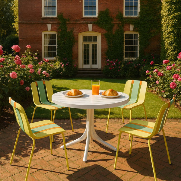 English Elm Summer 5 Piece Round Polypropylene Dining Set Uv Resistant Striped Indoor Outdoor Patio Grain Yellow,Haze Green,Tropical Orange,White W3450S00030