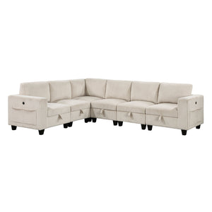English Elm 6-Piece modular sectional with hidden storage drawers, side pockets and USB charging in corduroy fabric Beige 28.5 L x 29 W x 20.5 H B011S01078