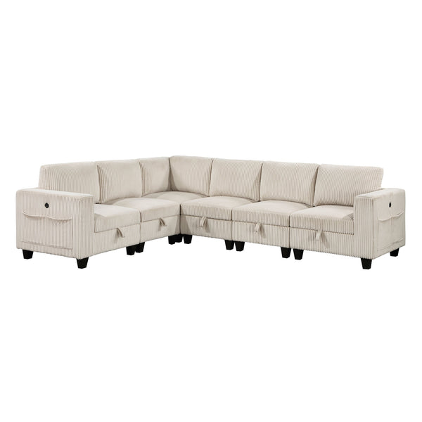 English Elm 6-Piece modular sectional with hidden storage drawers, side pockets and USB charging in corduroy fabric Beige 28.5 L x 29 W x 20.5 H B011S01078