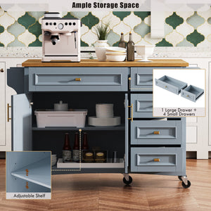 English Elm K&k Farmhouse Rolling Kitchen Island Oak Veneer Top with Drop Leaf and Storage Drawers Blue+Grey N707S195393G